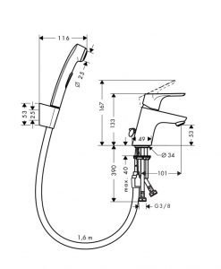 Ръкохватков смесител за мивка HANSGROHE FOCUS с ръчен душ биде и маркуч 160 см 31926000